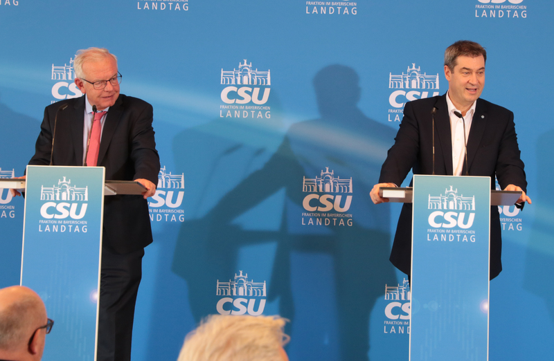 Fraktionschef Thomas Kreuzer und Ministerpräsident Dr. Markus Söder bei der gemeinsamen Pressekonferenz nach der Grundsatzrede. Foto: CSU-Fraktion